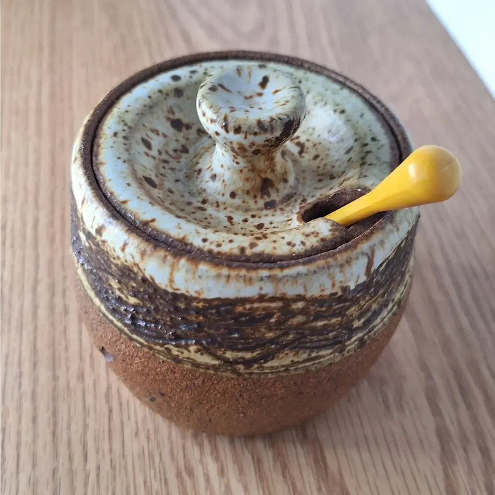 RARE VTG Michael Marsh 1980 Studio Pottery Honey Pot Jar Lid Dipper Stoneware